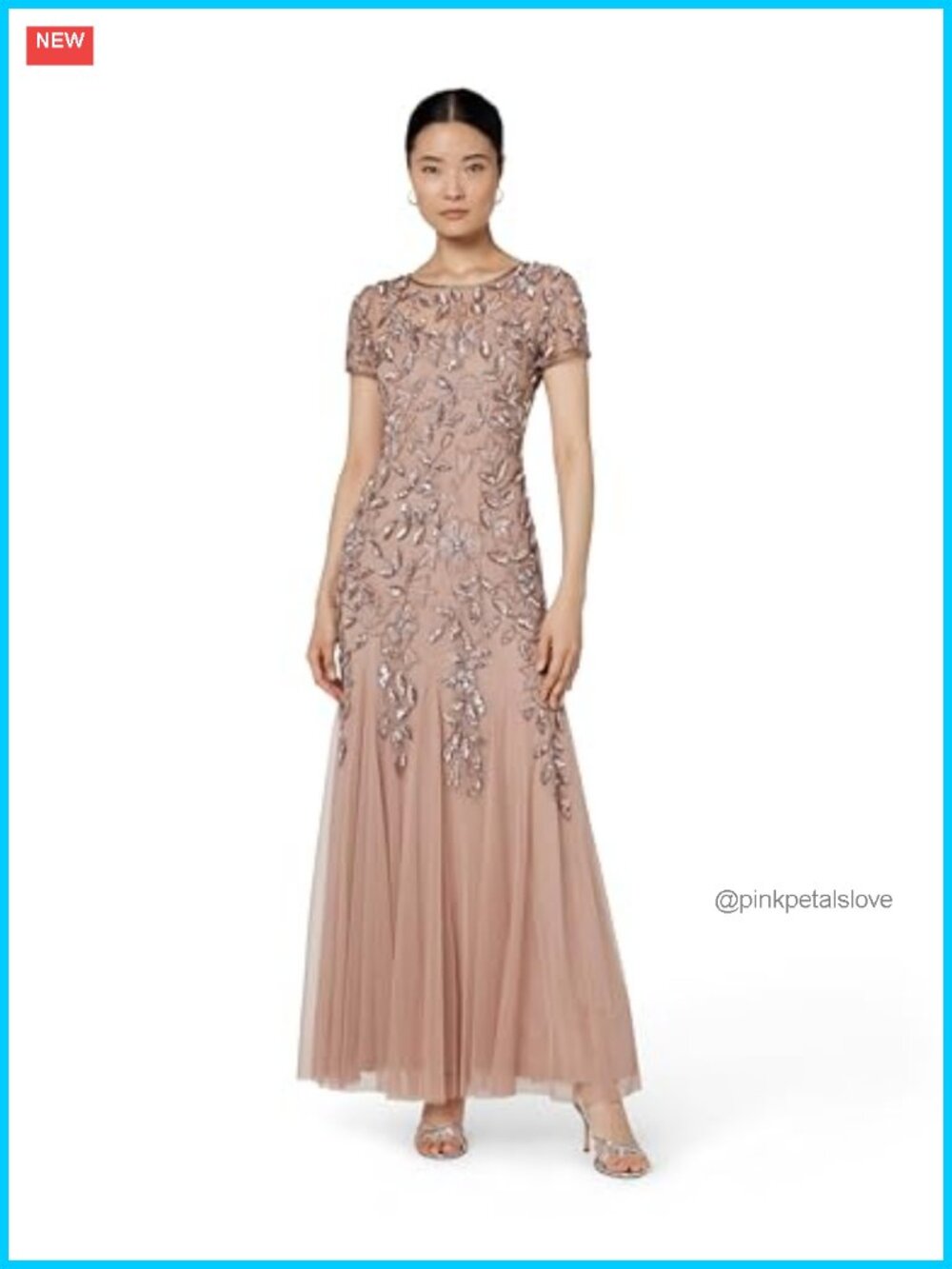 Floral Beaded Godet Evening Gown A-Line Sheer Overlay Short Sleeve